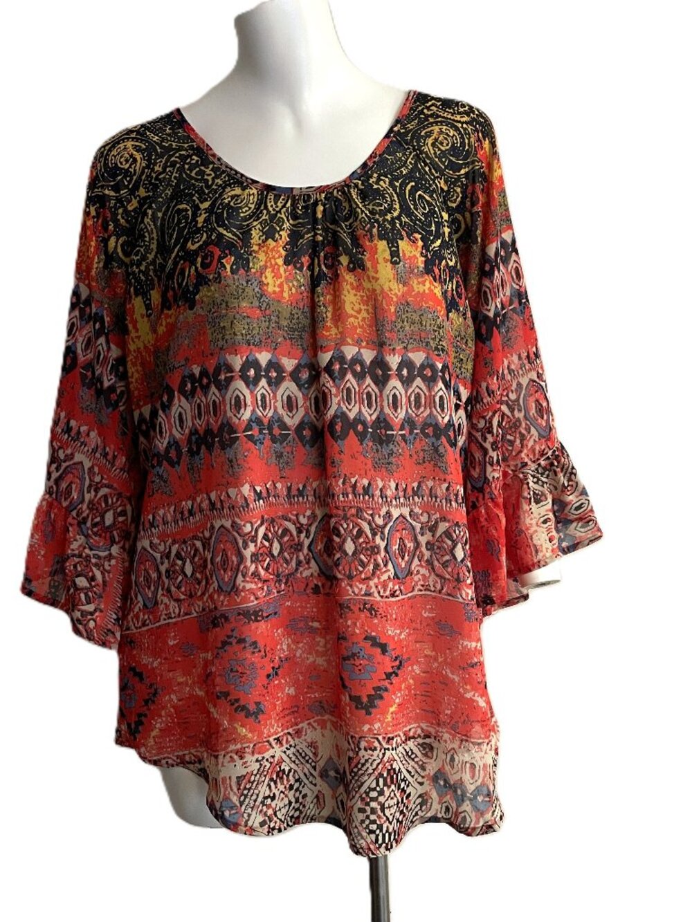 R Cinco Ranch Tunic Top Womens M Aztec Western Blouse Peasant Boho Lined Flowy
